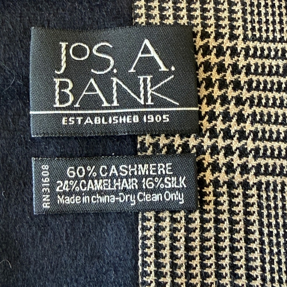 Jos A Bank Scarf Cashmere Camel Hair Silk Navy Brown Plaid Herringbone Mens - Picture 3 of 7